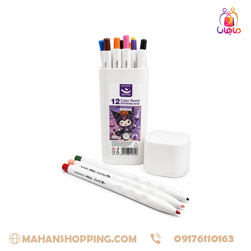 probone-uppage-12-colors-pencil مدادرنگی اتودی ۱۲ رنگ پرودون با بسته بندی استوانه ای سفید و طرح کرومی